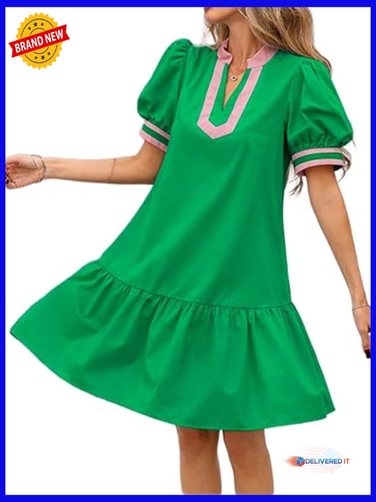 Puff Sleeve Mini A-Line Dress With Pockets Loose Fit V Neck